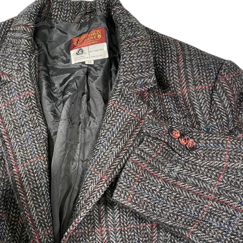 Harrington Square‎ 14 Gray Blazer Wool Blend Herringbone Plaid Dark Academia